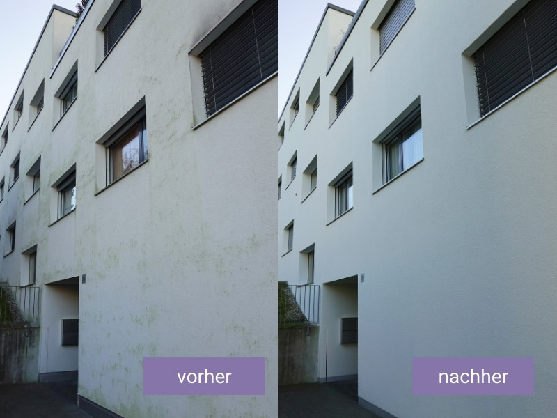 Renovierung einer WDVS-Fassade mit Silikatfarbe vorher und nachher