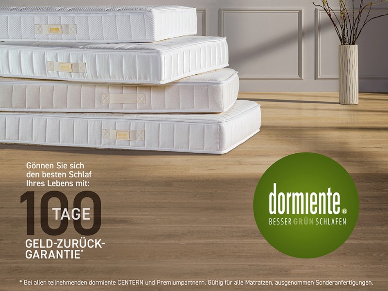 dormiente Matratzen-Aktion mit 100-Tage-Geld-zurück-Garantie dormiente ist so überzeugt von ihren Naturlatex-Matratzen, dass Sie Ihr Geld zurück bekommen, wenn Sie nicht zufrieden sind - bis zu 100 Tage nach dem Kauf