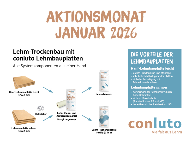 Mit der conluto Lehmplattenaktion können Sie im Januar 2026 sparen Übersicht über reduzierte Artikel der conluto Lehmplatten-Aktion im Januar 2026
