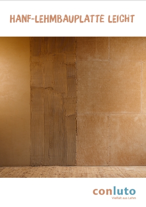 Broschüre "Hanf-Lehmbauplatte leicht" von conluto jetzt ansehen Titel von Broschüre "Infoblatt Hanf-Lehmbauplatte leicht" von conluto
